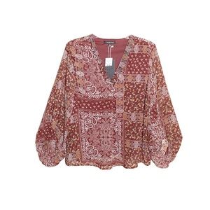 Laurel Grey Balloon Sleeve Patchwork Print Blouse